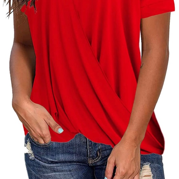 TongKiKi Women's Wrap Front Loose Fit Short Sleeve V Neck Top - Picture 4 of 4